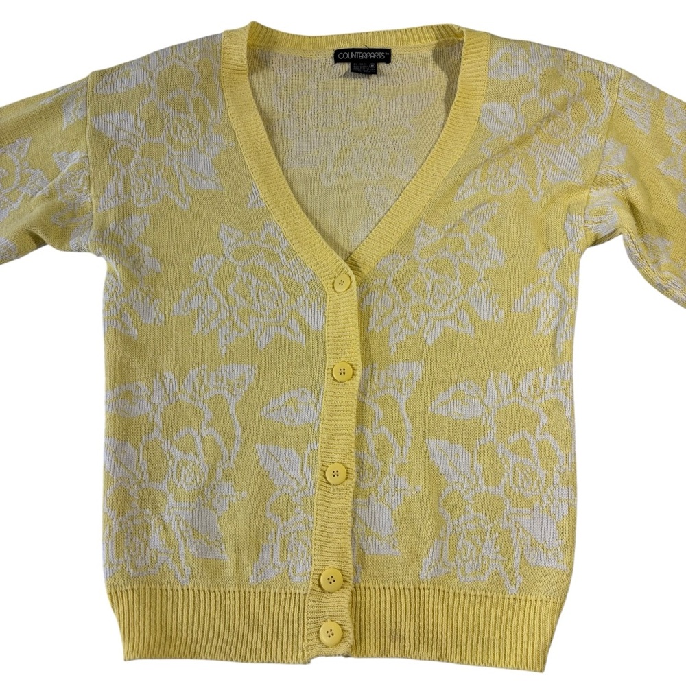 Vtg Counterparts Yellow Off White Floral Print V-Neck Long Sleeve Cardigan Sz M*